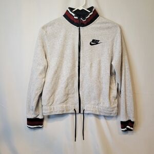 Nike Women's Gray Varsity Jacket with Black and Red Accents